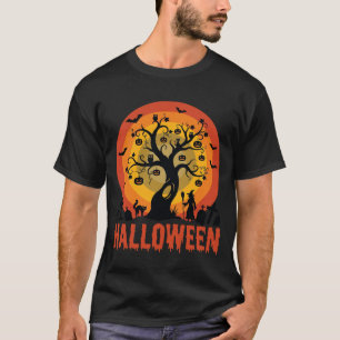 Camiseta Árbol Embrujado de Halloween Bruja y Gatos Negros