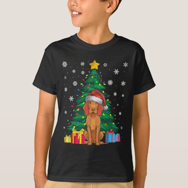 Camiseta Árbol navideño de sudor feo ilumina a perro vizsla (Anverso)