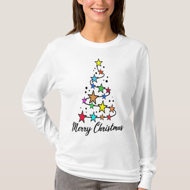 Camiseta Árbol navideño festivo con estrellas coloridas (Anverso)