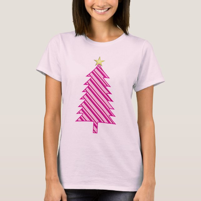 Camiseta Árbol navideño moderno en rayas de menta rosa (Anverso)