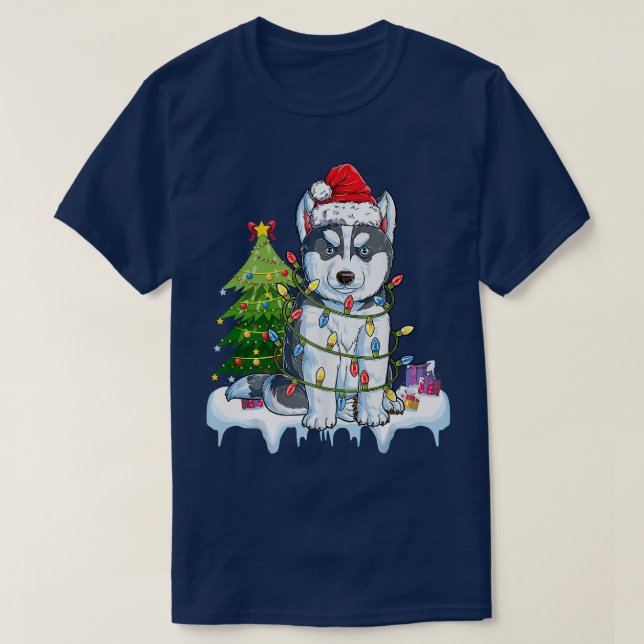 Camiseta Árbol Siberiano Husky Santa Christmas Enciende Xma (Diseño del anverso)
