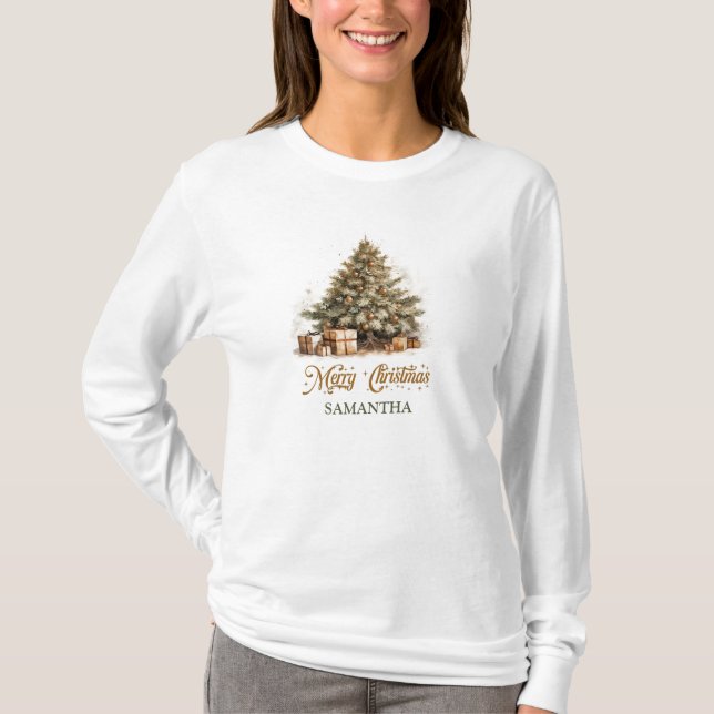 Camiseta Árbol tradicional de Navidad verde pastel y marfil (Anverso)