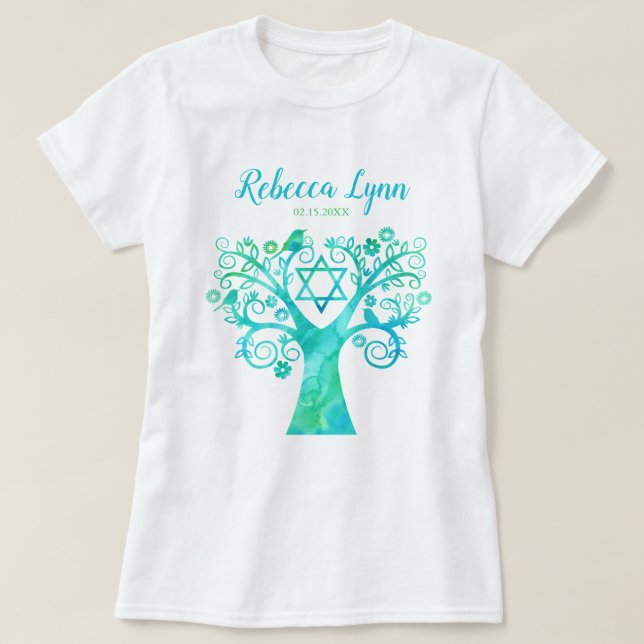 Camiseta Árbol verde verde azulado de la acuarela del palo (Diseño del anverso)
