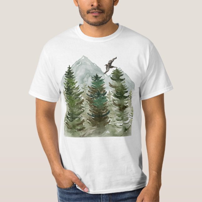 Camiseta Árboles acuáticos con montañas y un pájaro. (Anverso)