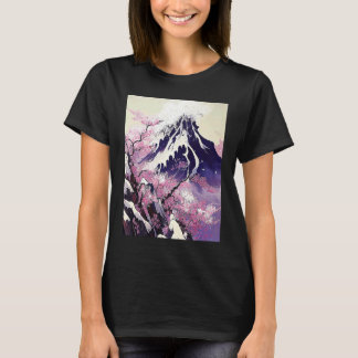 Camiseta árboles de flor de cerezo de montaña nevada japone