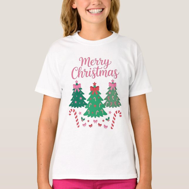Camiseta Árboles de Navidad Alegres Arco Caramelo Estrellas (Anverso)