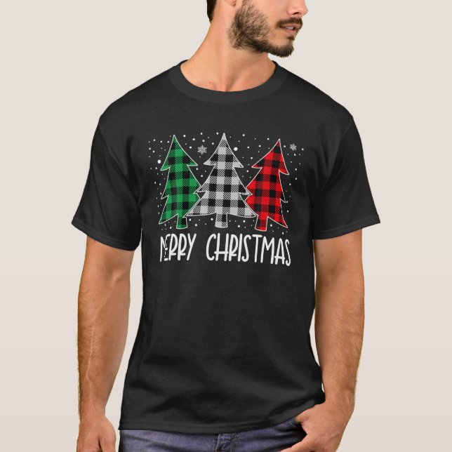 Camiseta Árboles de Navidad Alegres Cuadros de Búfalo Rojos (Anverso)
