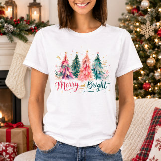Camiseta Árboles de Navidad Coloridos en Acuarela Alegre y 