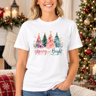 Camiseta Árboles de Navidad Coloridos en Acuarela Alegre y 