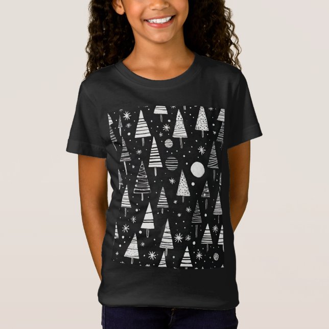 Camiseta Árboles de Navidad en arte de línea blanca y negra (Anverso)