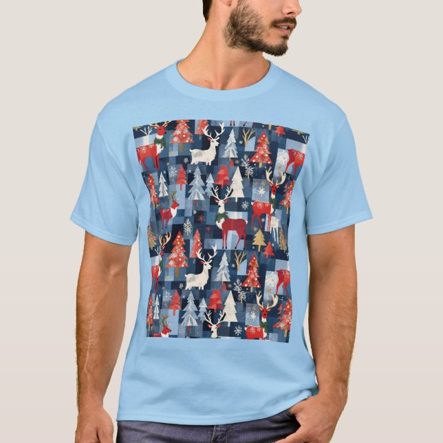 Camiseta Árboles de Navidad y renos de patchwork de mezclil (Anverso)