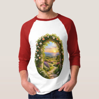 Camiseta Arco del jardín de rosas romántico Amanecer en la