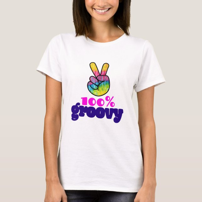 Camiseta Arcoiris 100% Groovy con signo de paz manual (Anverso)