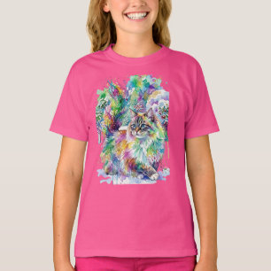 Camiseta Arcoíris Caprichoso Gato Esponjoso Acuarela de Inv