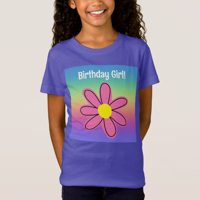 Camiseta Arcoiris con Chica de cumpleaños de flor rosa (Anverso)