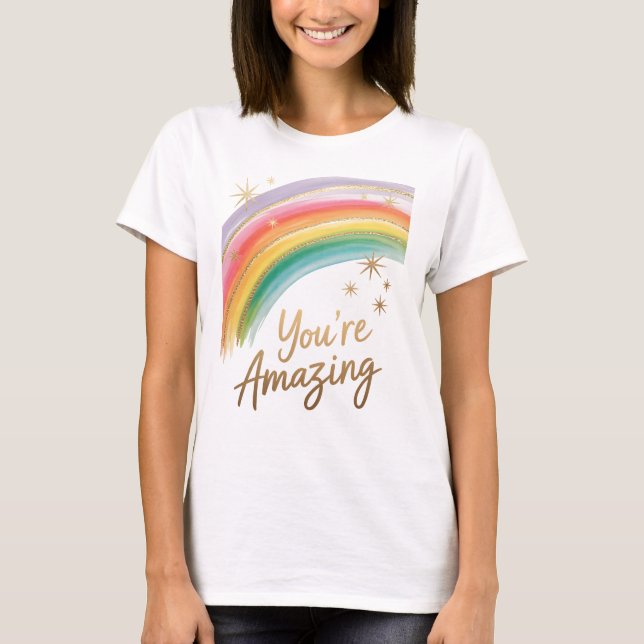 Camiseta Arcoíris con purpurina dorada y texto "Eres Increí (Anverso)