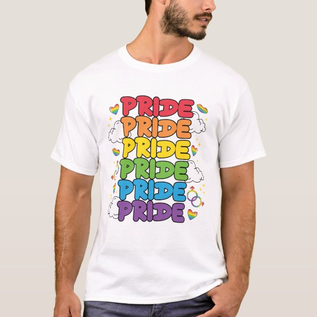 Camiseta Arcoiris, corazones y nubes - Orgullo repetido (Anverso)