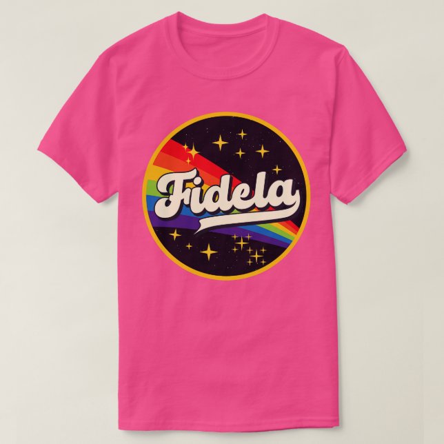 Camiseta Arcoiris Fidela en estilo de vintage espacial (Diseño del anverso)