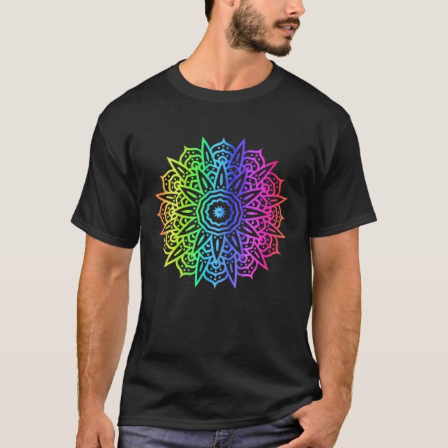 Camiseta Arcoíris Mandala Sol Explosión Geometría Yoga Vibr (Anverso)
