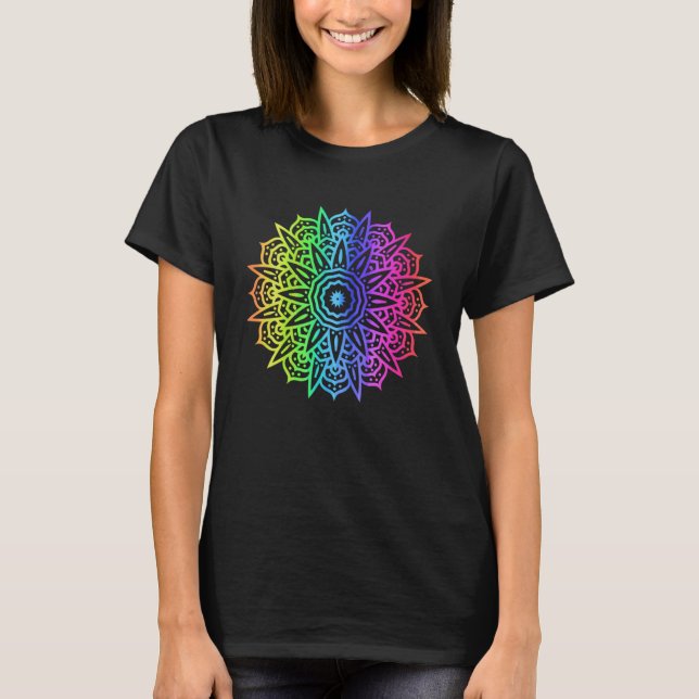 Camiseta Arcoiris Mandala Sun Burst Geometría Yoga Vibe Zen (Anverso)