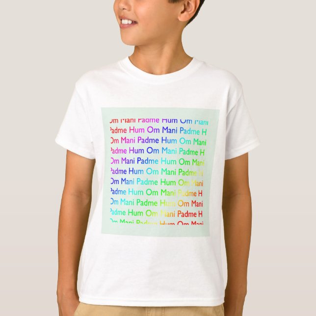 Camiseta Arcoiris Om Mani Padme Hum (sobre azul bebé) (Anverso)