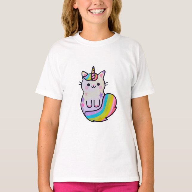 Camiseta Arcoiris unicornio de gato blanco (Anverso)