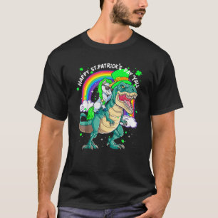 Camiseta Arcoiris Unicornio montando en rex dinosaurio feli