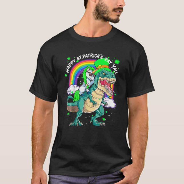 Camiseta Arcoiris Unicornio montando en rex dinosaurio feli (Anverso)