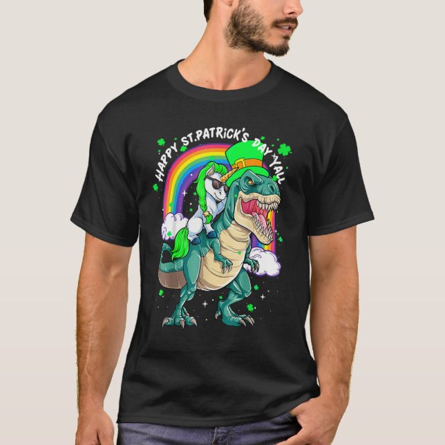 Camiseta Arcoiris Unicornio montando en rex dinosaurio feli (Anverso)