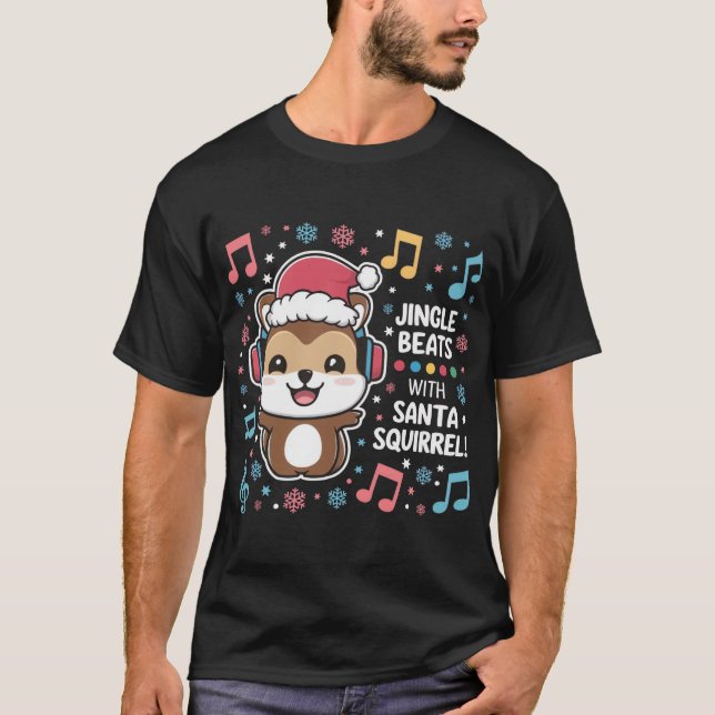 Camiseta Ardilla en auriculares y Santa Hat - Golpe de jing (Anverso)