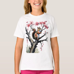 Camiseta Ardilla en un árbol de flor de cerezo rosa