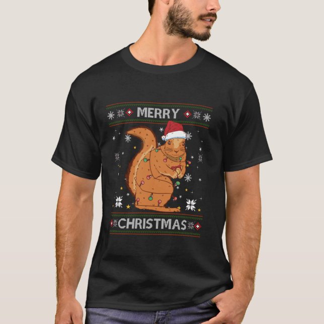 Camiseta Ardilla fea maría navidad árbol luz Santa Hat Niev (Anverso)