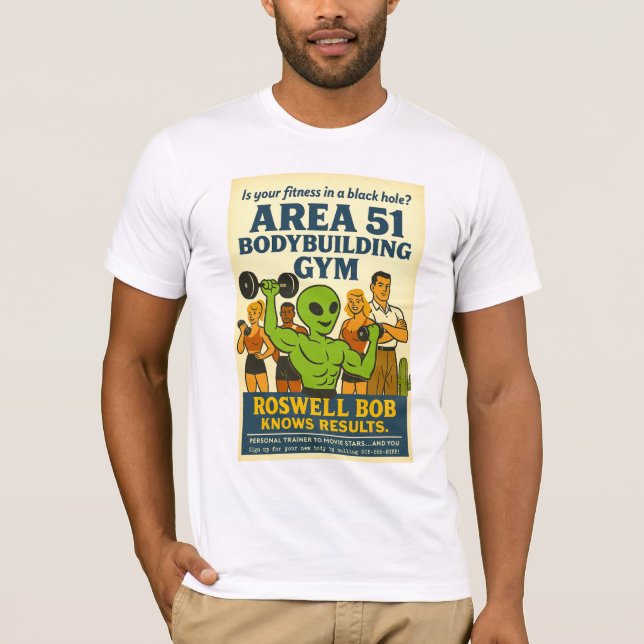Camiseta Área 51 Bodybuilding Gym Roswell Aliens años 1950 (Anverso)