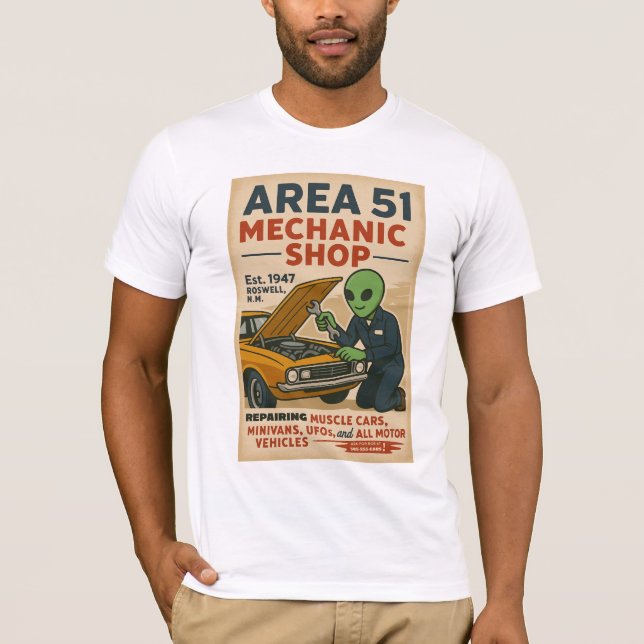Camiseta Área 51 Tienda Mecánica Roswell Aliens 1950's Retr (Anverso)