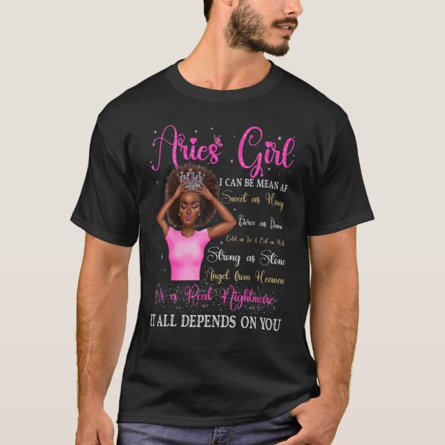 Camiseta Aries Chica Reina Negra Zodiac Cumpleaños Mujeres  (Anverso)