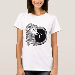 Camiseta Aries Zodiac Rótulo Arte Básico Blanco Y Negro