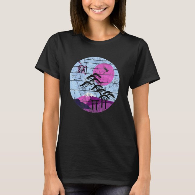 Camiseta Armonía retro japonesa Kanji Sunset Shinto Crane V (Anverso)