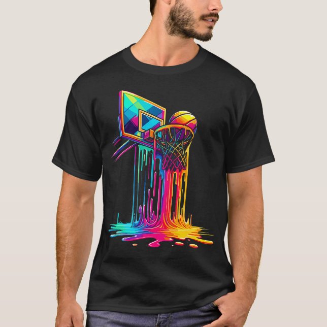 Camiseta Aro de Baloncesto que Gotea Salpicaduras Coloridas (Anverso)