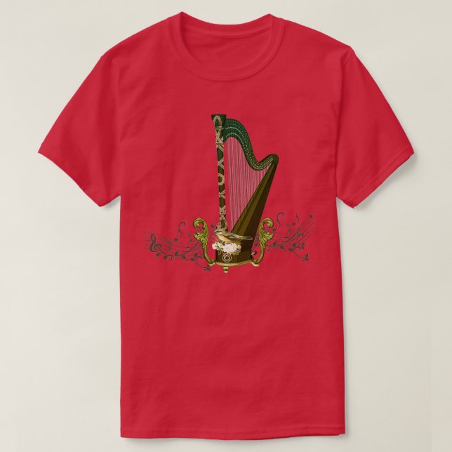 Camiseta Arpa celta con nudo celta y flores con pájaro (Diseño del anverso)
