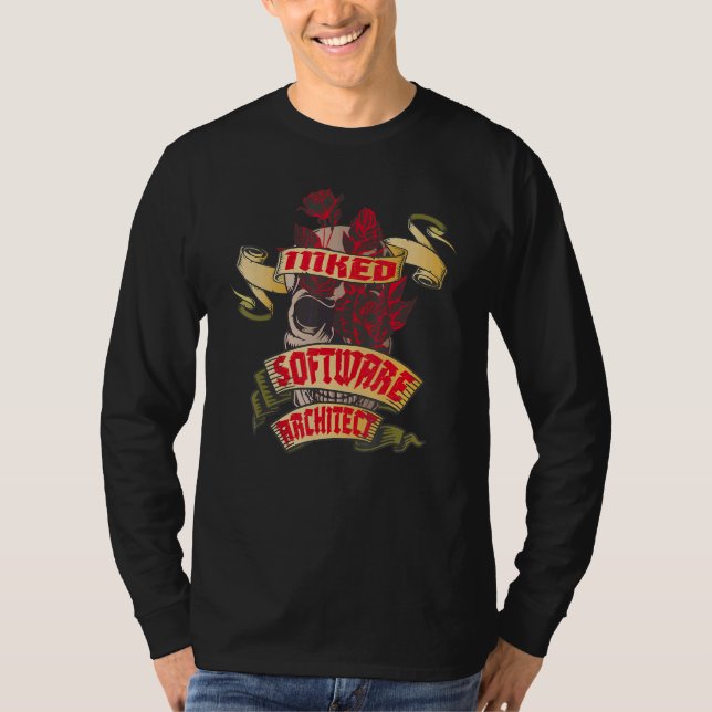 Camiseta Arquitecto de Software Cráneo Tatuado y Rosas Roja (Anverso)