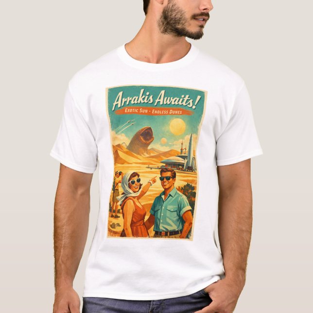 Camiseta Arrakis te espera – Póster de viaje de ciencia fic (Anverso)