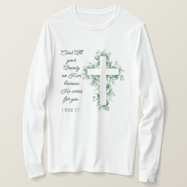 Camiseta Arrojar toda tu ansiedad sobre él Eucalyptus Cross (Anverso del diseño)