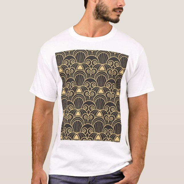 Camiseta Art Deco: Baldosas Geométricas de Oro. (Anverso)