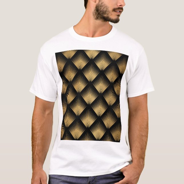 Camiseta Art Deco, patrón oro negro. (Anverso)