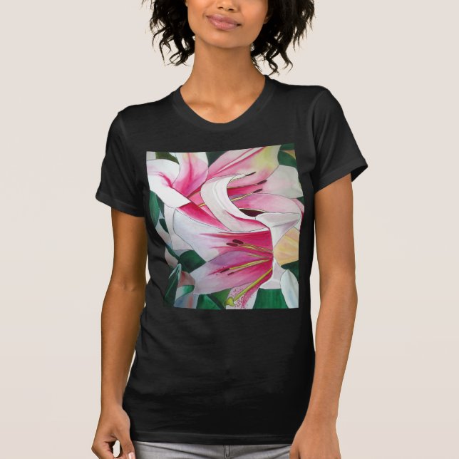 Camiseta Arte acuático con flores de lirio blanco y rosa (Anverso)