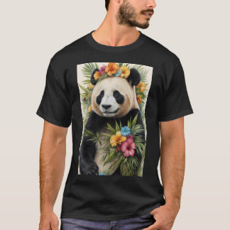 Camiseta Arte Animal Panda Con Corona Floral Tropical Y Le