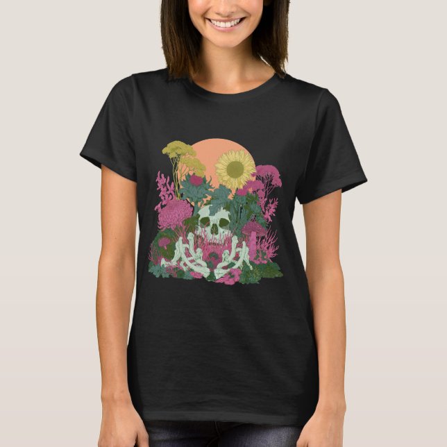 Camiseta Arte botánico de hongo de flor de cráneo (Anverso)