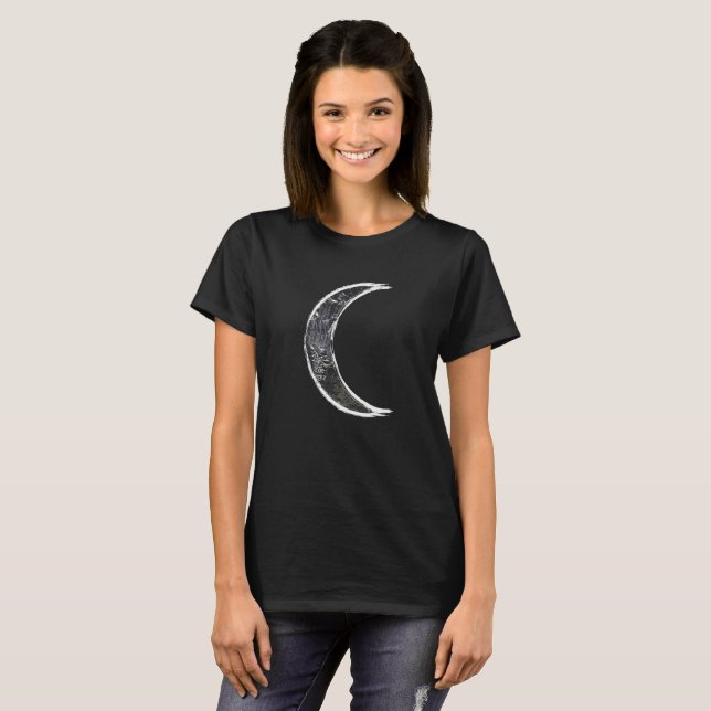 Camiseta Arte Celestial Abstracto de Luna Creciente Negra (Anverso completo)