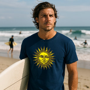 Camiseta Arte Celestial de Cara de Sol Estilo Xilografía Re