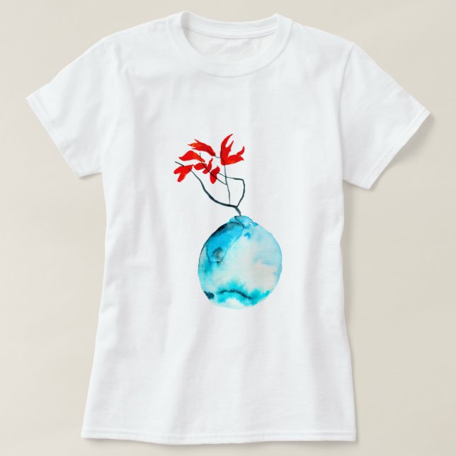 Camiseta Arte de acuarela con jarrón azul de Ikebana (Diseño del anverso)